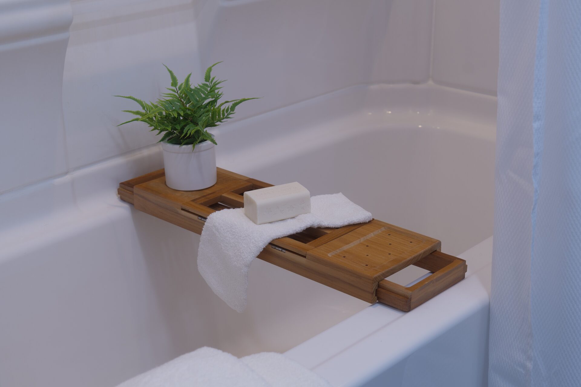 Bathtub corner with bamboo caddy, soap, and fern